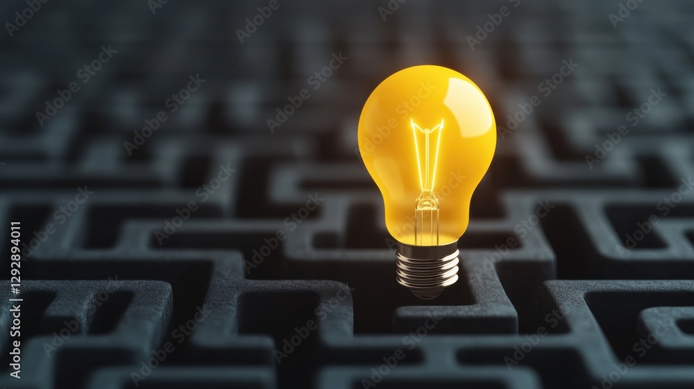 Poster bright yellow light bulb illuminating dark maze with complex pathways, symbolizing ideas and problem