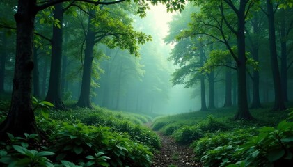 Fototapeta premium Dense foliage of trees surrounds a misty clearing, nature, forest