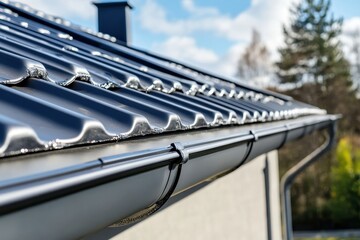 Metal side panel gutter and downspout on a rooftop in sunlight