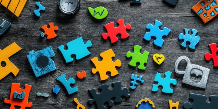 Puzzle Pieces of Ideas: A colorful collection of puzzle pieces scattered across a rustic wooden surface. These pieces, each a unique shape and hue.