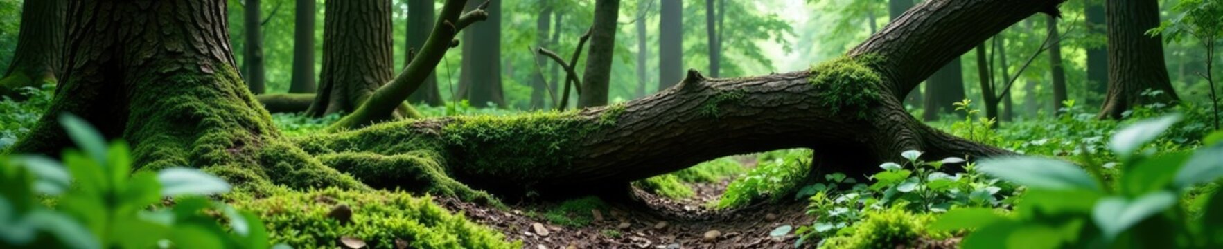 Dense foliage surrounds a fallen tree trunk on forest floor, nature, woods, landscape