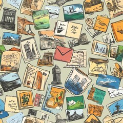 Travel Cartoon Drawing. A collage of travel postcards and letters.