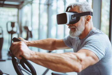 man wearing a VR headset is riding a stationary bike. He is smiling and he is enjoying himself