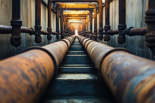 Metal tubes pipeline bridge elevated lines exposed heating pipes
