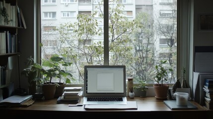 Fototapeta premium Serene Home Office Setup with Natural Light and Plants