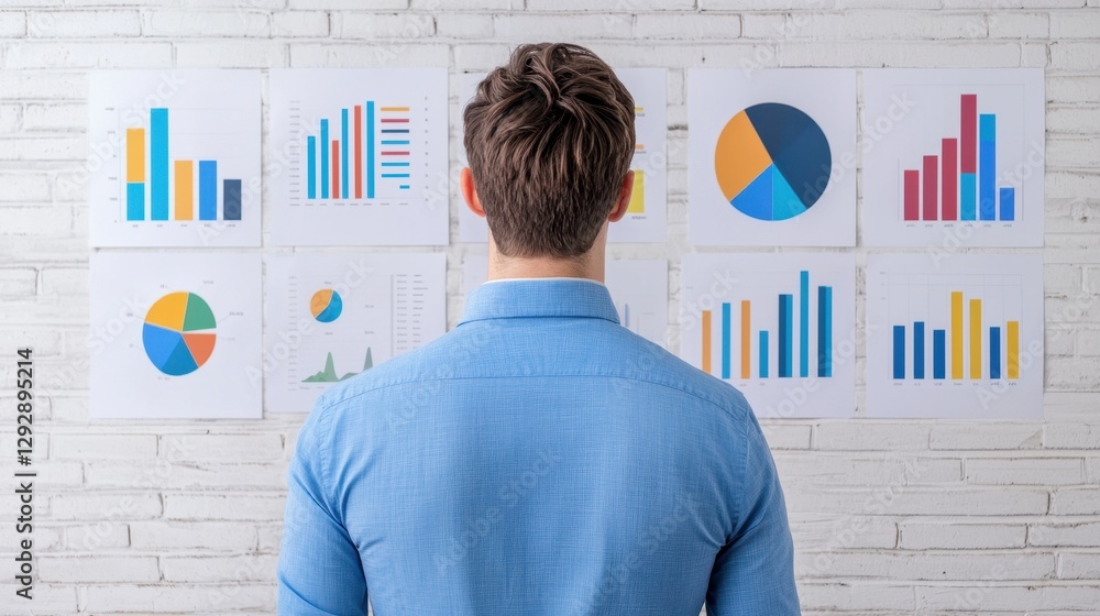 Poster businessman analyzing colorful graphs and charts on wall for data-driven decision making in modern o