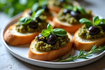Delightful Olive Tapenade Crostini Appetizer with Fresh Herbs and Vibrant Colors