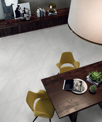 3D Render of Elegant Dining Space Featuring Modern Yellow Chairs, Wooden Table, and Contemporary Decor