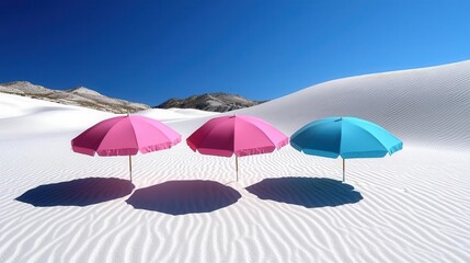Three colorful beach umbrellas on a white sandy landscape under a clear blue sky.