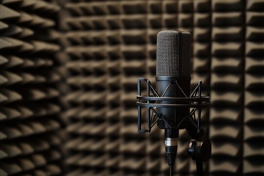 Microphone for studio recording by soundproofed wall - Powered by Adobe