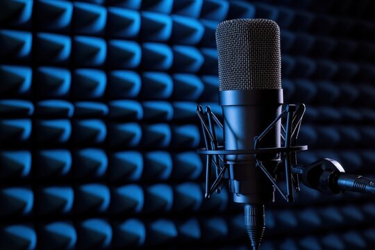 Microphone for studio recording positioned by wall with soundproofing foam
