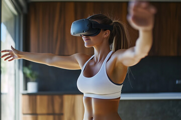 woman in a white tank top is playing a video game with a virtual reality headset. She is fully engaged in the game and she is enjoying herself