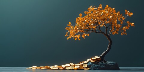 Unique tree with coins arranged on a table surface representing wealth and prosperity in a creative artistic display