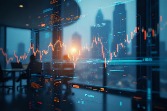 Multi exposure of virtual abstract financial graph interface on blurry contemporary office building background, financial and trading concept