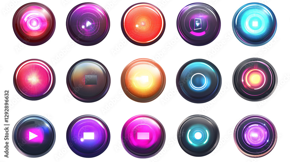 Aufkleber neon glowing media buttons digital interface ui ux web app isolated on transparent background