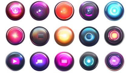 Neon Glowing Media Buttons Digital Interface ui ux web app isolated on transparent background