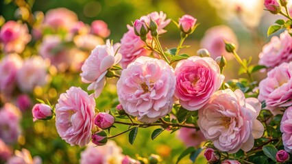 Obraz premium A close-up shot of Rosa damascena shrub plant in full bloom against a soft, warm background with delicate petals in shades of pink and white , valley of roses, bulgaria