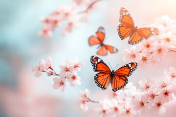 Obraz premium A group of butterflies swarming around a blooming cherry blossom tree under a soft pink sky