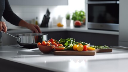 Hypertension-friendly meal preparation in a sleek kitchen. Featuring nutrition and heart health