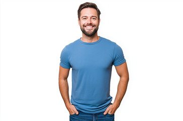 Fototapeta premium A handsome man in a blue t-shirt, smiling in a standing pose with a transparent background