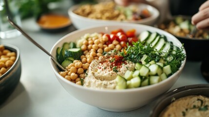 School cafeteria with students eating quinoa bowls. Featuring quinoa, mixed vegetables, and grilled chicken