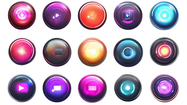 Neon Glowing Media Buttons Digital Interface ui ux web app isolated on transparent background