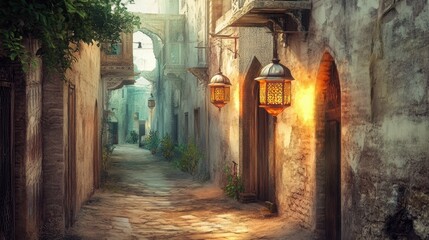 Fototapeta premium Enchanting Alley: A captivating, old-world alley bathed in a warm, inviting light. Arched doorways, ornate lanterns.