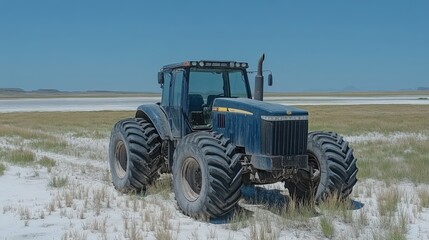 Fototapeta premium Rustic Blue Tractor on a Bright Salt Flat Landscape Under Clear Skies, Surrounded by Grassy Terrain and White Salt Crystals