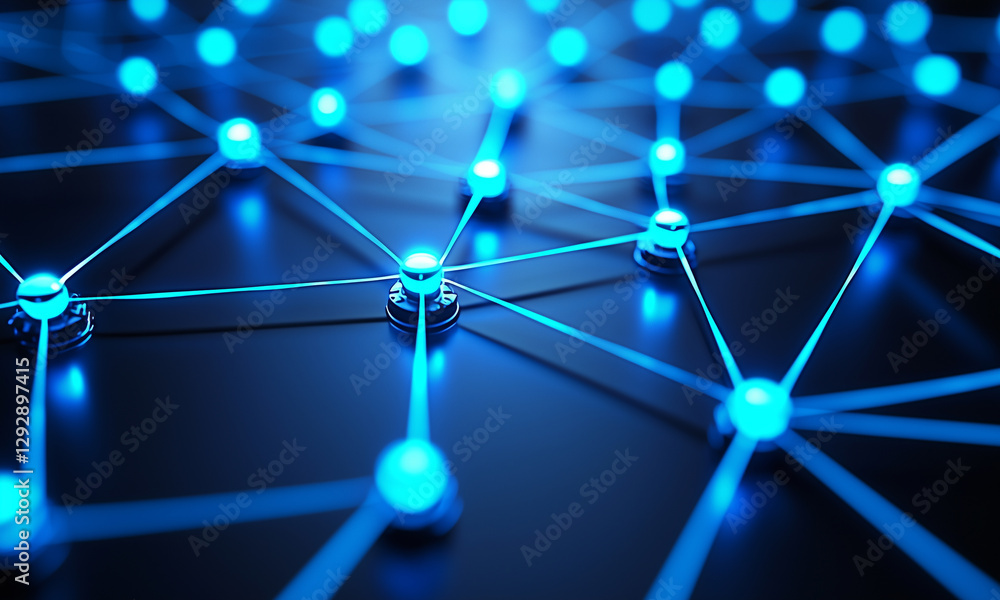 Poster an abstract representation of a network of connected digital devices and screens, and flows of data 