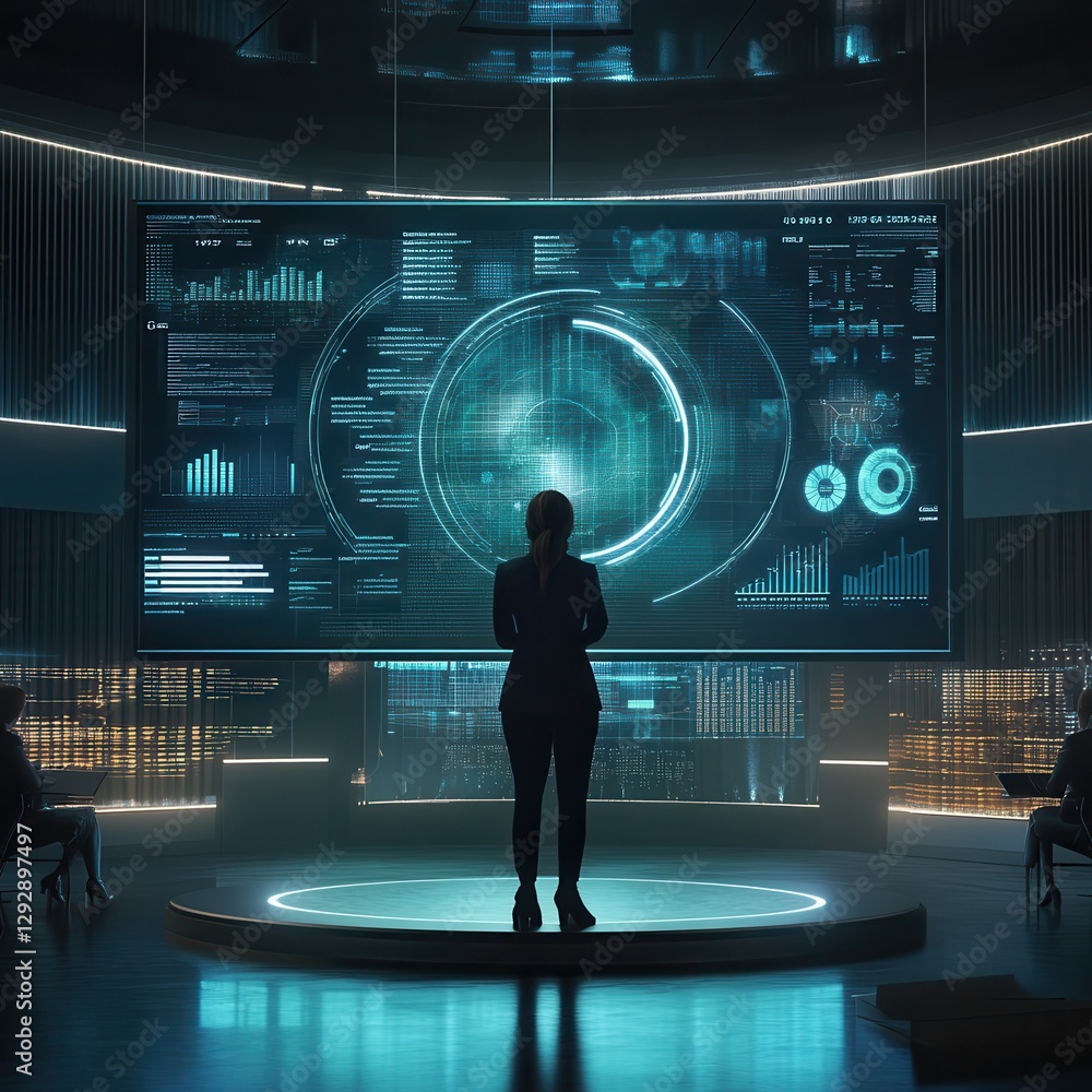 Poster futuristic data analysis in a high-tech control room with global view and analytics dashboard