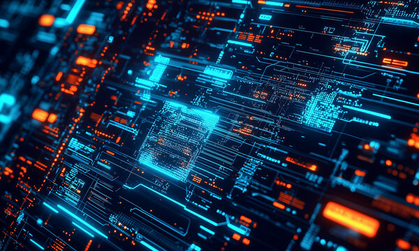 an abstract representation of a network of connected digital devices and screens, and flows of data and information, with glowing blue circuits, futuristic