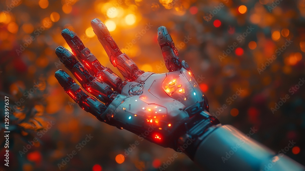 Fototapete Robotic hand with glowing lights surrounded by blurred colorful bokeh, creating a futuristic and ethereal ambiance. Artificial intelligence and innovation concept