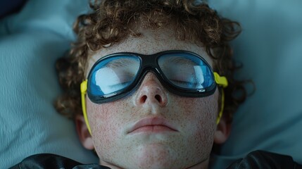 Boy wearing goggles, sleeping on a bed.  Possible use for Stock photo of child resting
