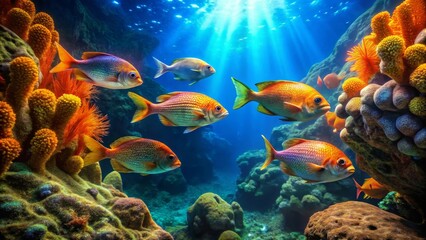 Obraz premium Oceanic Life Vibrant Reef Fish and Coral Ecosystem Flourishing in Underwater Paradise