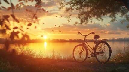 Landscape image of vintage bicycle on beautiful sunset