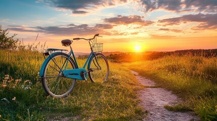 Fototapeta premium Landscape image of vintage bicycle on beautiful sunset