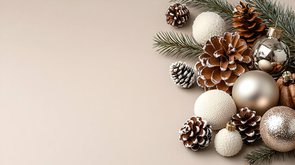 Festive beige background, winter ornaments, pine cones, Christmas decor, holiday greeting