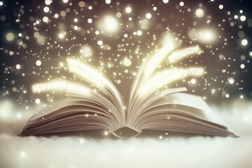 An open book emitting light and sparkles, symbolizing knowledge and imagination.