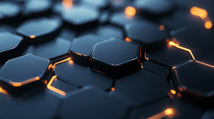 Obraz premium Hexagonal Grid with Glowing Orange Lights and Dark Metallic Surface