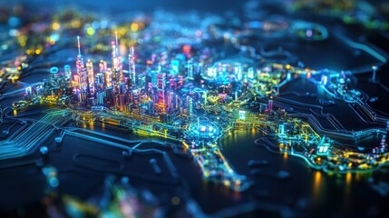 Obraz premium City of the Future: A futuristic, neon-drenched metropolis sprawls across a circuit board, a mesmerizing depiction of the convergence of technology and urban life.