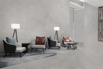 3D Render of Contemporary Waiting Area Featuring Stylish Chairs, Accent Lamps, and Minimalist Decor