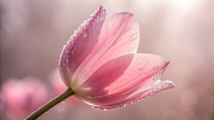 Fototapeta premium Tulip's Gentle Embrace: A single, delicate pink tulip, adorned with glistening water droplets, stands in the gentle sunlight.