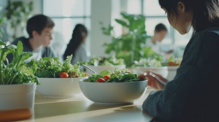 School cafeteria with students eating salad bowls. Featuring greens, quinoa, cherry tomatoes, and avocado