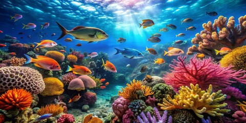 Naklejka premium Vibrant underwater scene showcasing a diverse array of colorful fish swimming amidst a lush coral reef teeming with life.