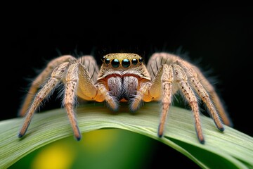 Fototapeta premium A lynx spider perched on a blade of grass, its spiny legs poised for a quick leap