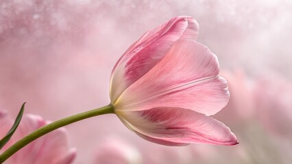 Fototapeta premium Delicate Tulip: A close-up shot of a beautifully rendered single tulip in soft pink hue, the delicate petals unfurling gracefully under diffused light, suggesting beauty and simplicity.