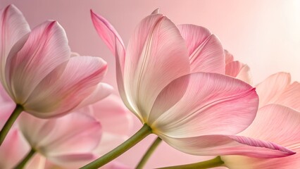 Obraz premium Blossom's Embrace: Delicate pink tulips, their petals gracefully unfurling towards the sunlight, create a serene and aesthetically pleasing display of floral beauty.