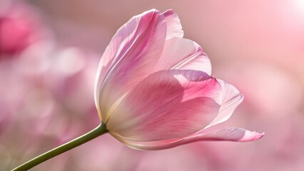 Fototapeta premium Tulip's Gentle Embrace: Capturing the delicate beauty of a solitary pink tulip, its petals gracefully unfurling to embrace the soft sunlight.