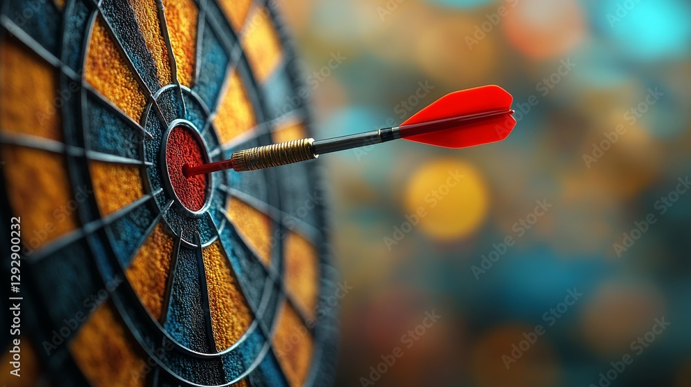 Poster Red dart hitting the bullseye on a colorful dartboard, sharp focus and blurred background. Precision and success concept