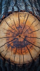 Close-up of a tree stump's cross-section, showcasing its concentric rings, cracks, and textures. The wood displays variations in color and grain patterns, revealing age and growth.